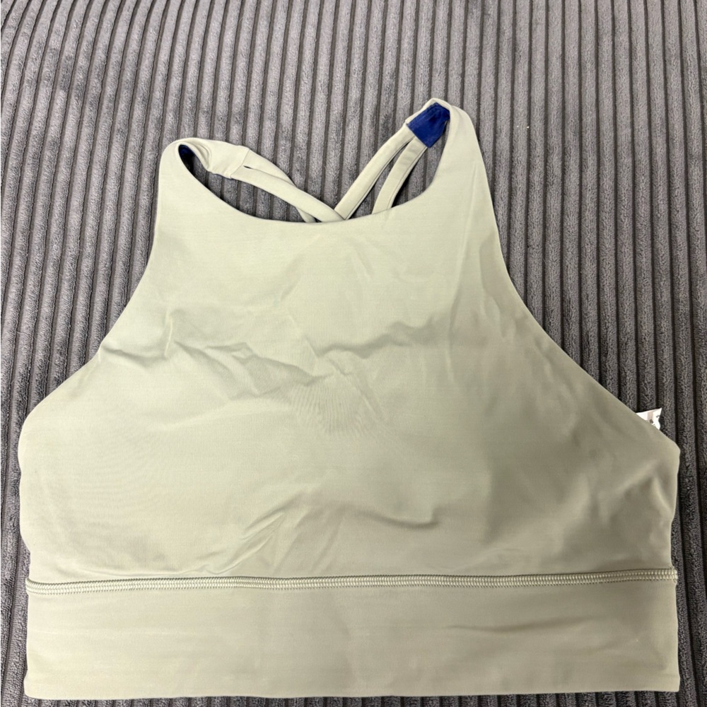 Lululemon High Neck Sports Bra in Light Sage with Blue Accent